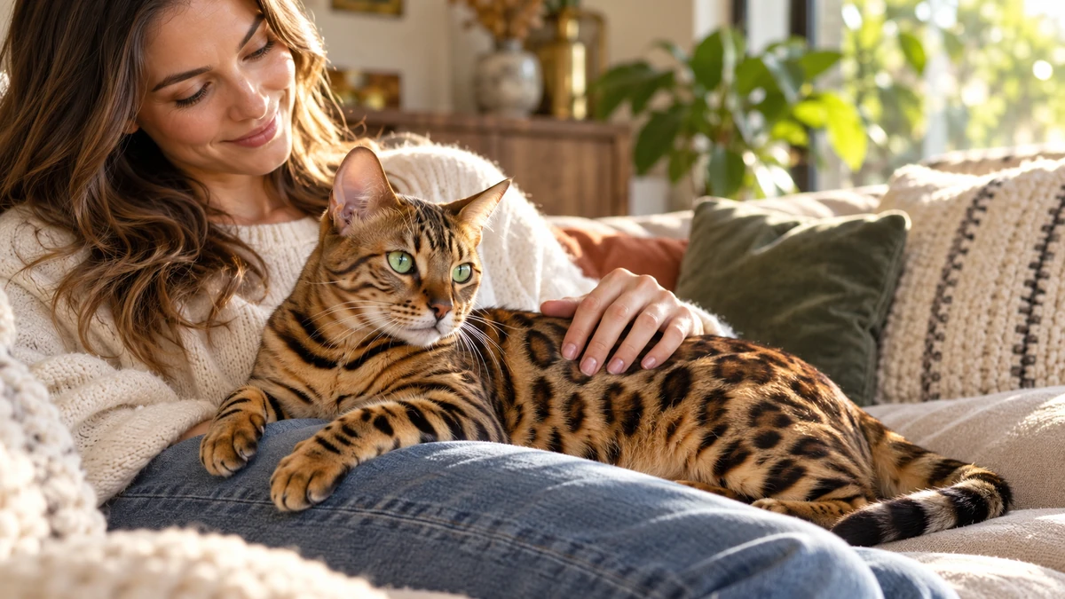 Bengal Kedisi kedi — sahibinin kucağında