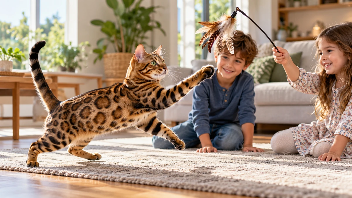 Bengal Kedisi kedi — çocuklarla oyun